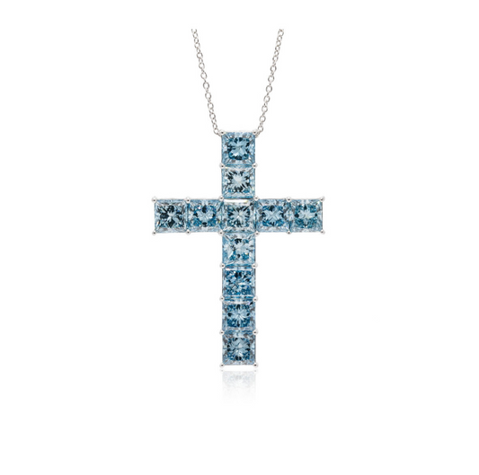 Cruz Oro Blanco y Diamantes Azules